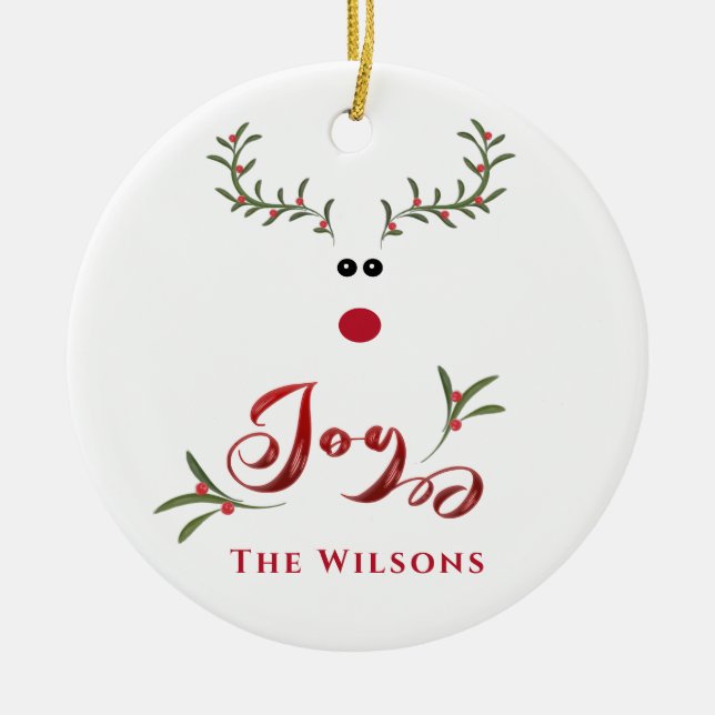 Funny whimsy holly reindeer joy non photo Holiday Ceramic Ornament (Front)
