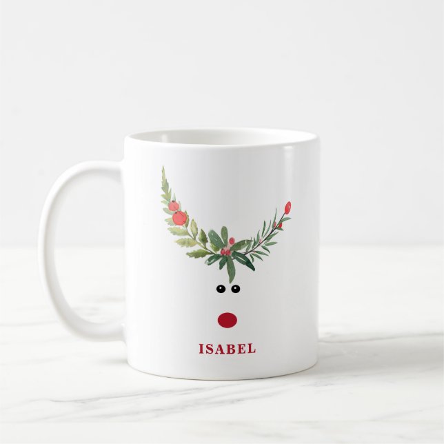 Funny whimsy holly reindeer joy personalized coffe coffee mug (Left)