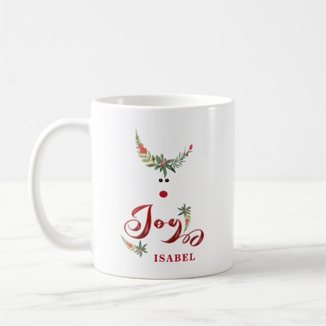 Funny whimsy holly reindeer joy personalized coffee mug (Left)
