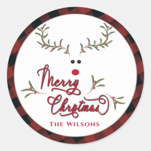 Funny whimsy holly reindeer plaid Holiday Classic Round Sticker