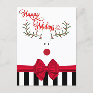 Funny whimsy holly reindeer red bow holiday card