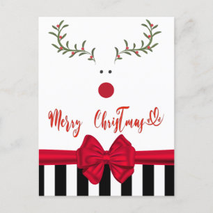 Funny whimsy holly reindeer red bow holiday card