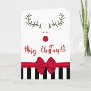 Funny whimsy holly reindeer red bow holiday card