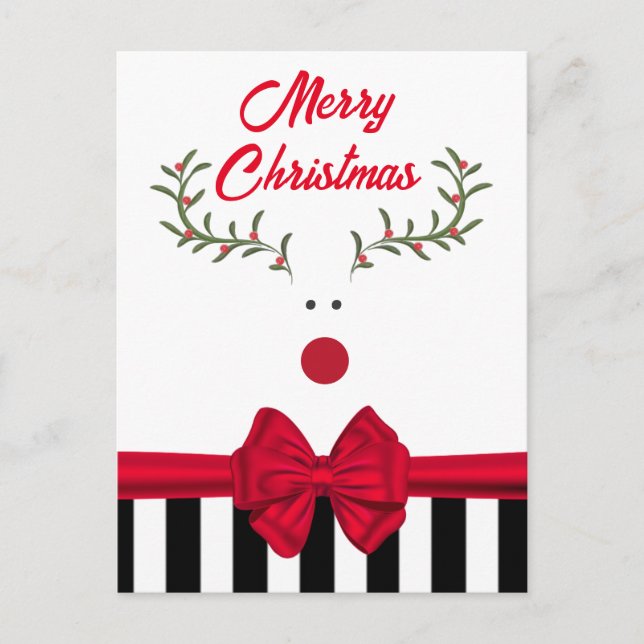 Funny whimsy holly reindeer red bow  holiday card (Front)