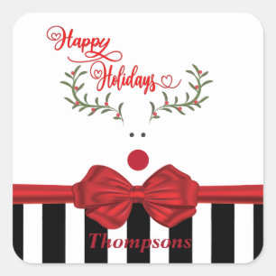 Funny whimsy holly reindeer red bow square sticker