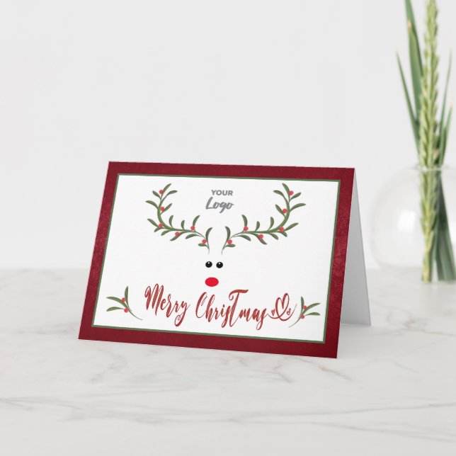Funny whimsy holly reindeer Red company logo Holid Holiday Card (Front)