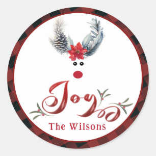 Funny whimsy poinsettia reindeer joy Holiday Classic Round Sticker