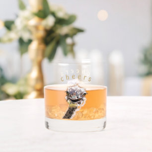 Funny Whiskey Glass Happy Ostrich with Cheers Text