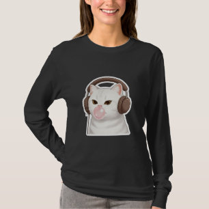 Funny White Cat Blowing Bubblegum + Headphones T-Shirt