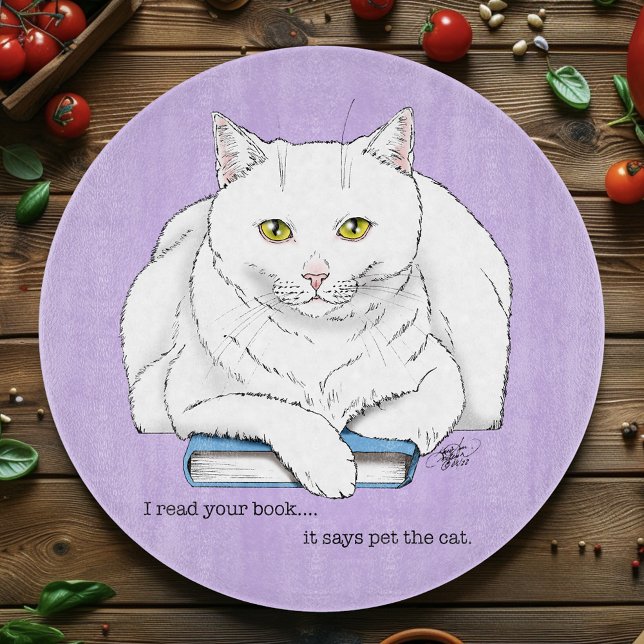 Funny White Cat Book Reading Humor Purple Cutting Board (Creator Uploaded)