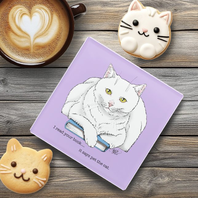 Funny White Cat Book Reading Humor Purple Glass Coaster (Creator Uploaded)
