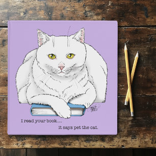 Funny White Cat Book Reading Humour Purple Binder