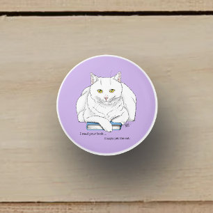 Funny White Cat Book Reading Humour Purple Ceramic Knob