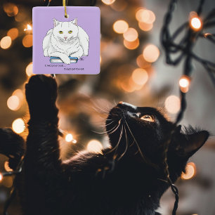 Funny White Cat Book Reading Humour Purple Ceramic Ornament