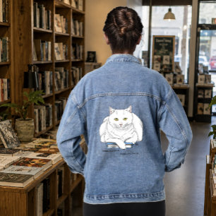 Funny White Cat Book Reading Humour Purple Denim Jacket