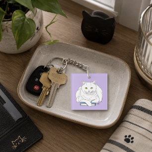 Funny White Cat Book Reading Humour Purple Keychain