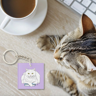 Funny White Cat Book Reading Humour Purple Keychain