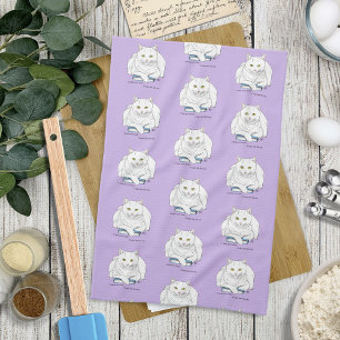 Funny White Cat Book Reading Humour Purple Kitchen Towel