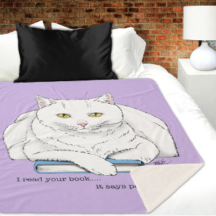 Funny White Cat Book Reading Humour Purple Sherpa Blanket