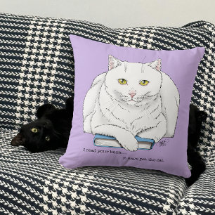 Funny White Cat Book Reading Humour Purple Throw Pillow