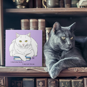 Funny White Cat Book Reading Humour Purple Tile