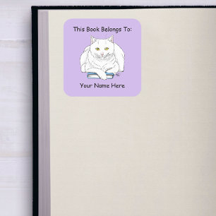 Funny White Cat Book Reading Purple Bookplate Square Sticker