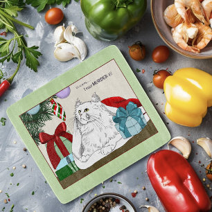 Funny White Cat Christmas Tree Ornaments Green Cutting Board