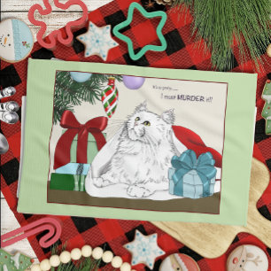 Funny White Cat Christmas Tree Ornaments Green Kitchen Towel