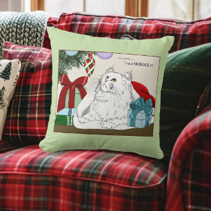 Funny White Cat Christmas Tree Ornaments Green Throw Pillow