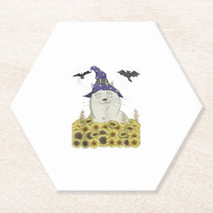 Funny White Cat in Witch Hat Vintage Halloween Sun Paper Coaster