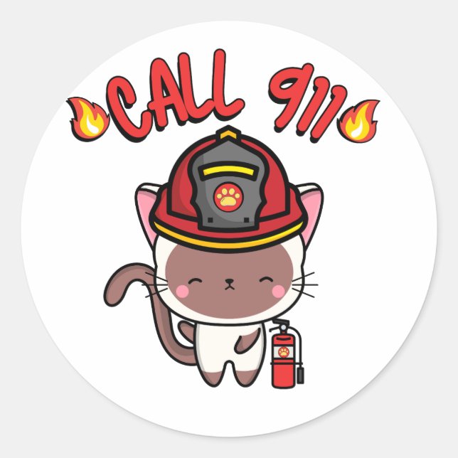 Funny White cat is a firefighter  Classic Round Sticker (Front)
