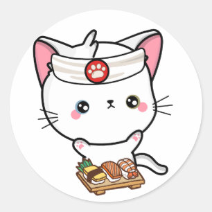 Funny white cat is a sushi chef classic round sticker