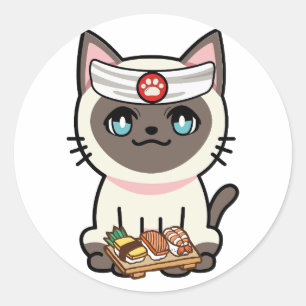 Funny white cat is a sushi chef classic round sticker