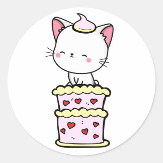 Funny white cat jumping out of a cake classic round sticker