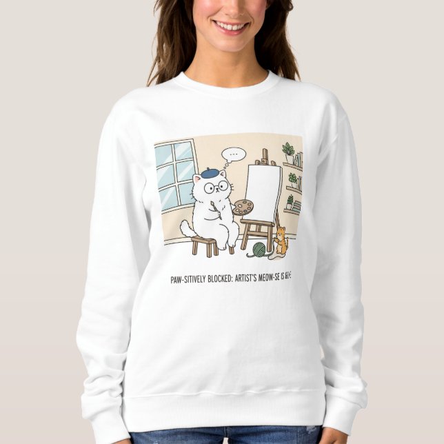 Funny White Cat Painter Inspired Studio Artwork Sweatshirt (Front)