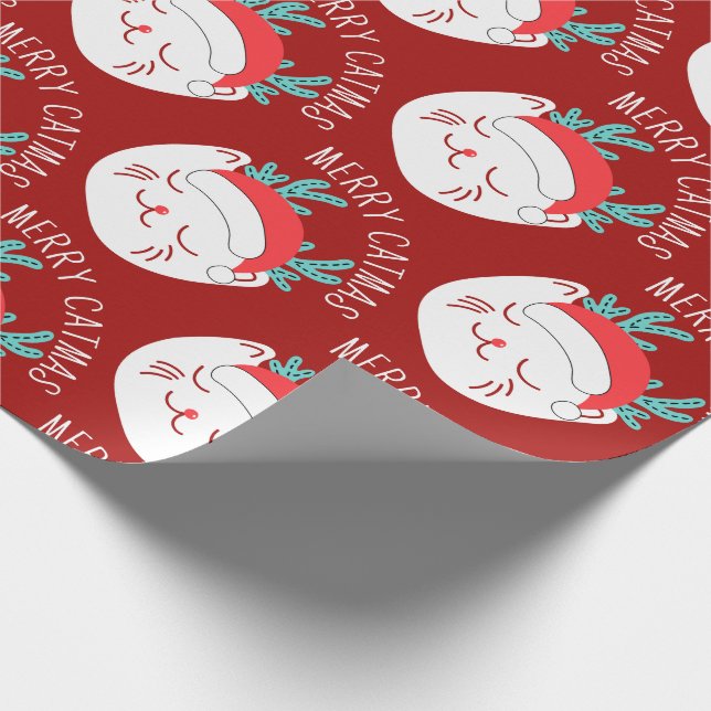 Funny White Cat Pattern Merry Catmas Christmas Wrapping Paper (Corner)