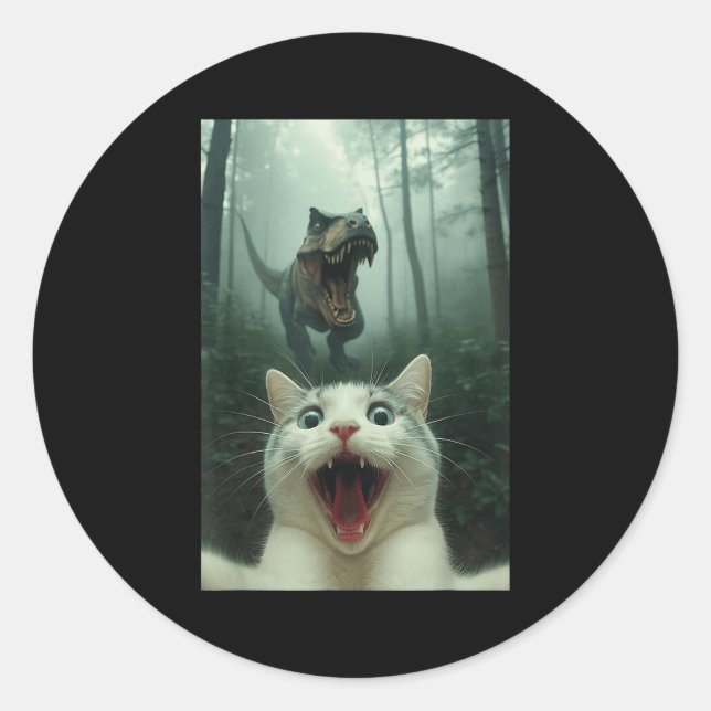 Funny White Cat Selfie With T-rex Dinosaur, Cat Ki Classic Round Sticker (Front)