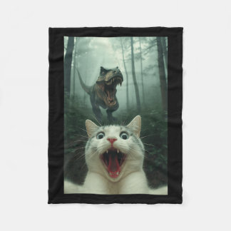 Funny White Cat Selfie With T-rex Dinosaur, Cat Ki Fleece Blanket