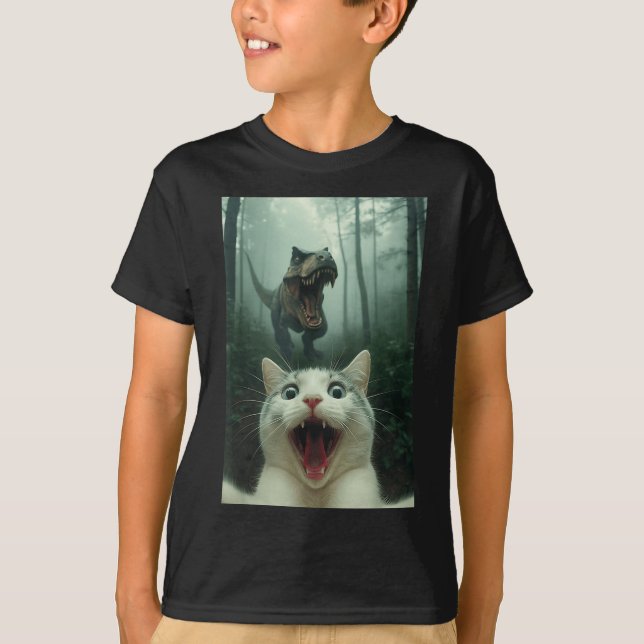 Funny White Cat Selfie With T-rex Dinosaur, Cat Ki T-Shirt (Front)