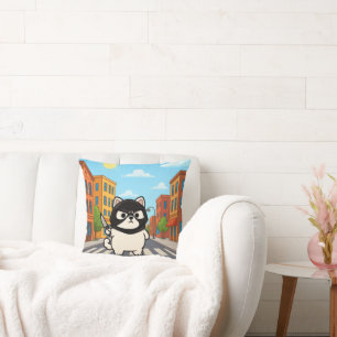 Funny White Cat Sticker with Mask and Knife Throw Pillow