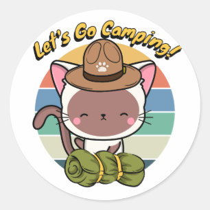 Funny white cat wants to go camping classic round sticker