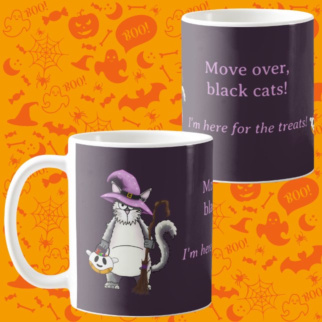 Funny White Cat Witch Halloween Coffee Mug (Humorous White Cat Halloween Witch Boo Basket Gift Mug. Fall Spooky Season Trick or Treat present.)