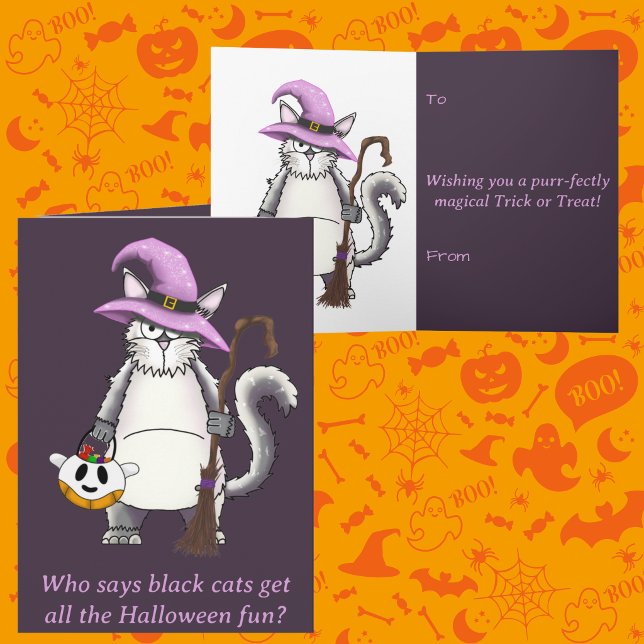 Funny White Cat Witch Halloween Greeting Card (White Cat Trick or Treat Hand drawn Illustration Halloween boo basket greeting cards. Funny Spooky)