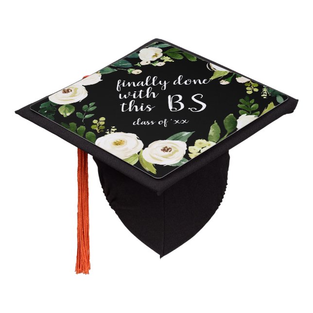 Funny White Floral Finally Done Graduation Cap Topper (Angled)