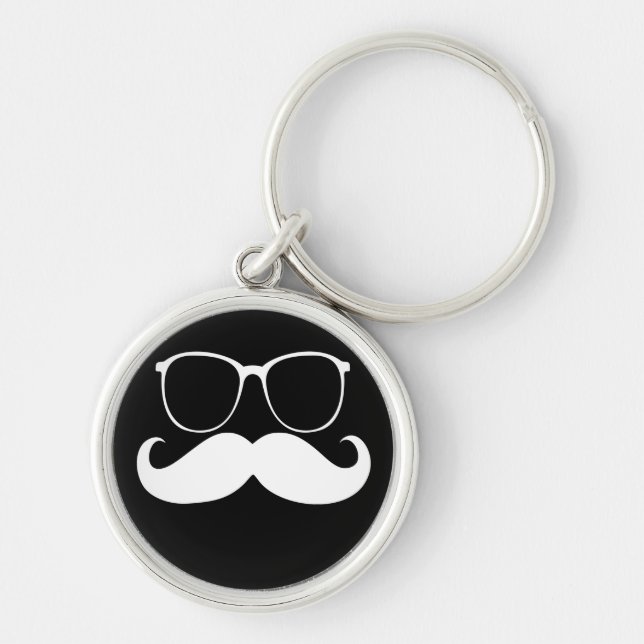 Funny White Moustache Glasses on Black Background Keychain (Front)