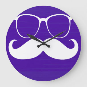 Funny White Moustache Glasses on Purple Background Large Clock