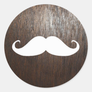 Funny White Moustache on oak wood background Classic Round Sticker