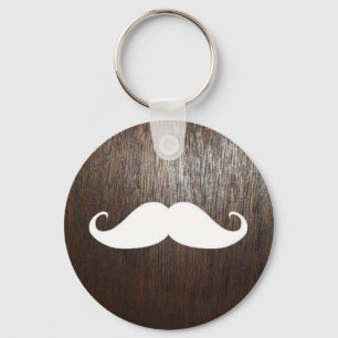 Funny White Moustache on oak wood background Keychain