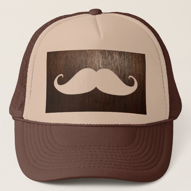 Funny White Moustache on oak wood background Trucker Hat (Front)