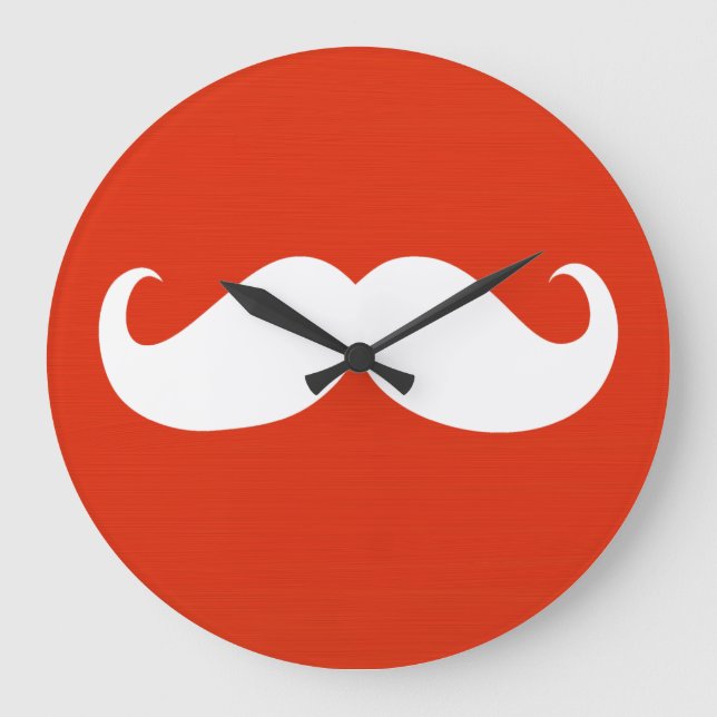 Funny White Moustache on Orange Red Large Clock (Front)